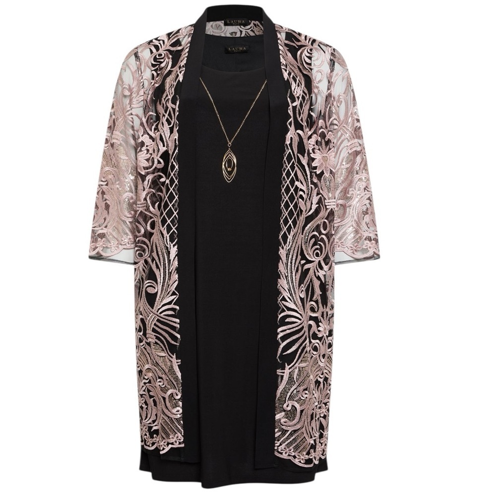 Laura Plus 14+, Lace Open Front Duster Jacket, Plus Size 14W, Black, Pink - Picture 5 of 9